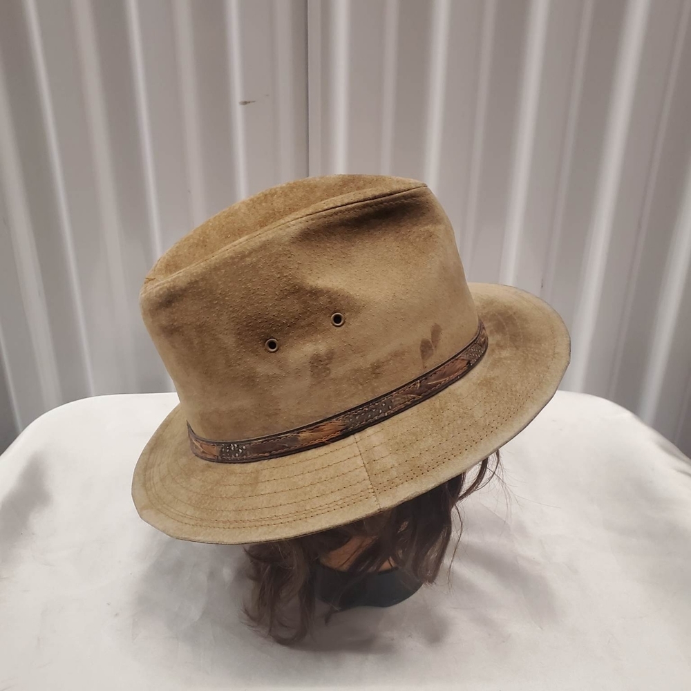 Vintage 70s Suede Fedora Hat Leather Band Tan Brown Structured Union M - Picture 3 of 7